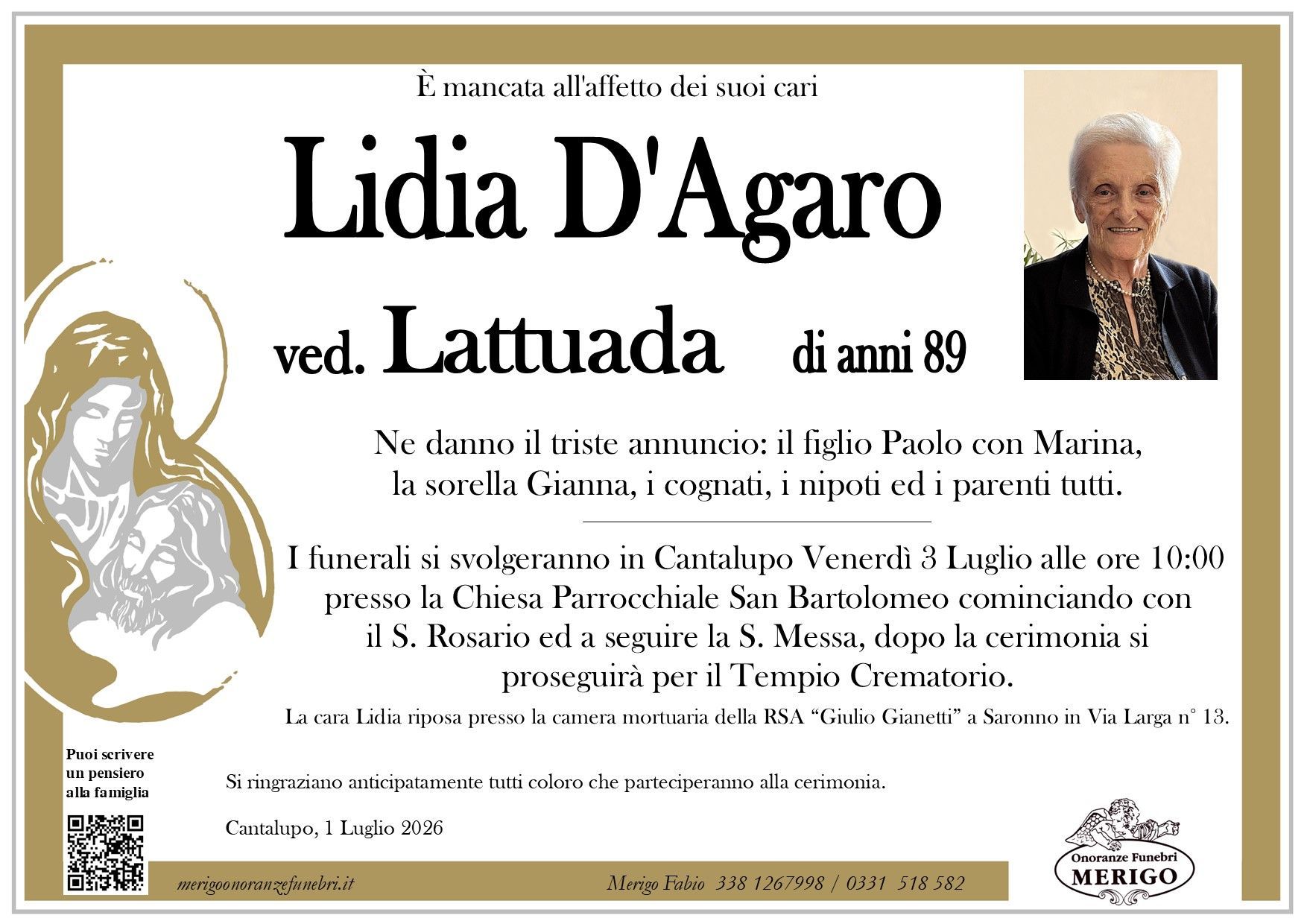 necrologio Lidia D'Agaro ved. Lattuada