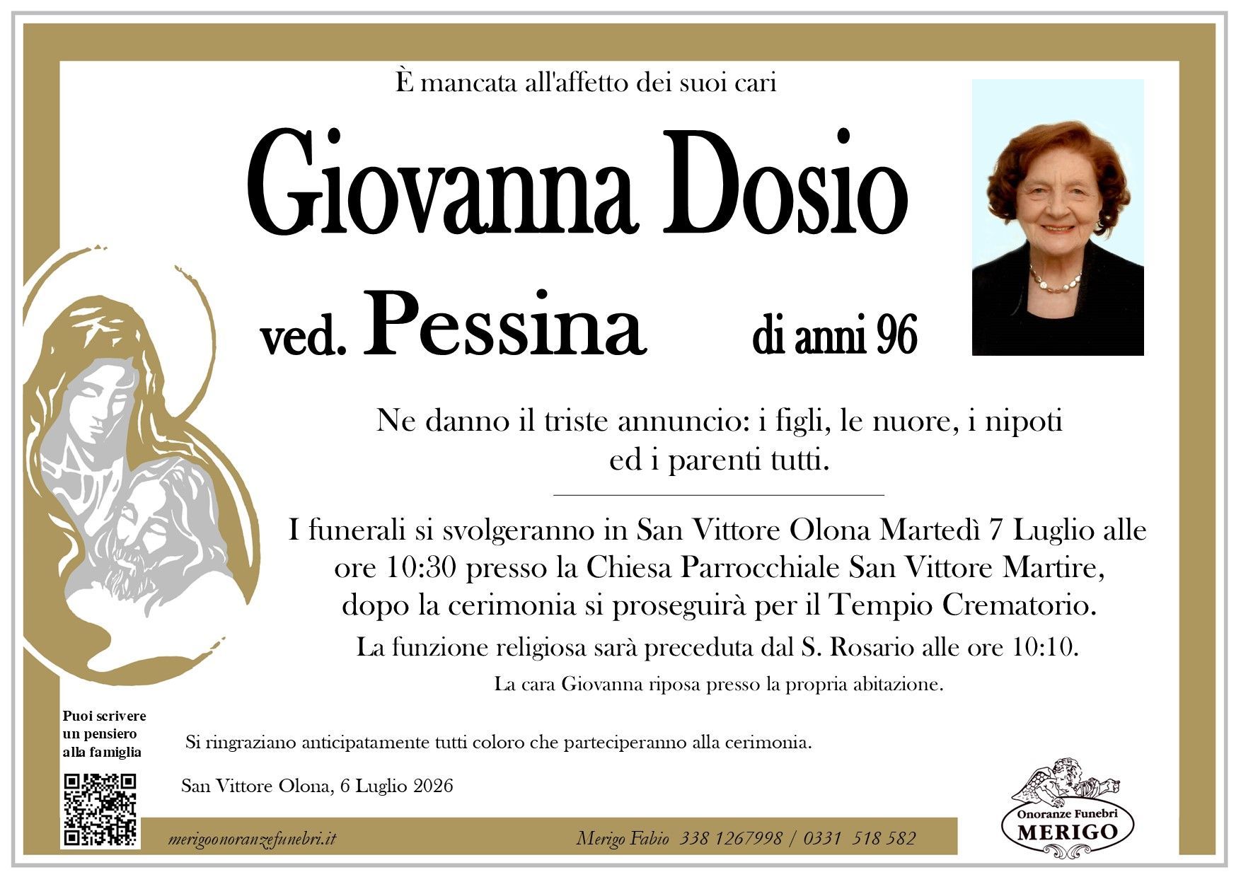 necrologio Giovanna Dosio ved. Pessina