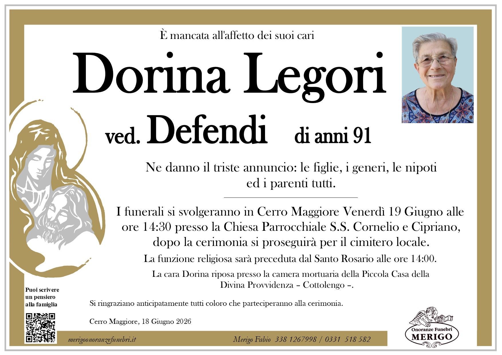 necrologio Dorina Legori ved. Defendi
