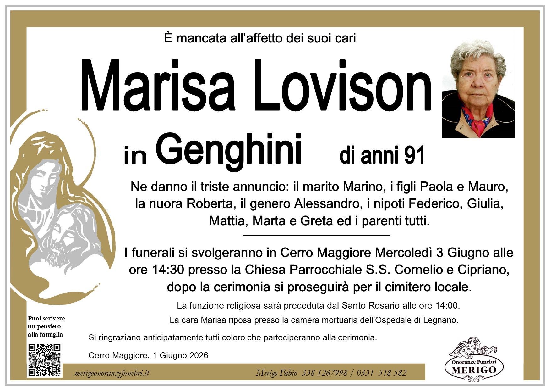 necrologio Marisa Lovison in Genghini