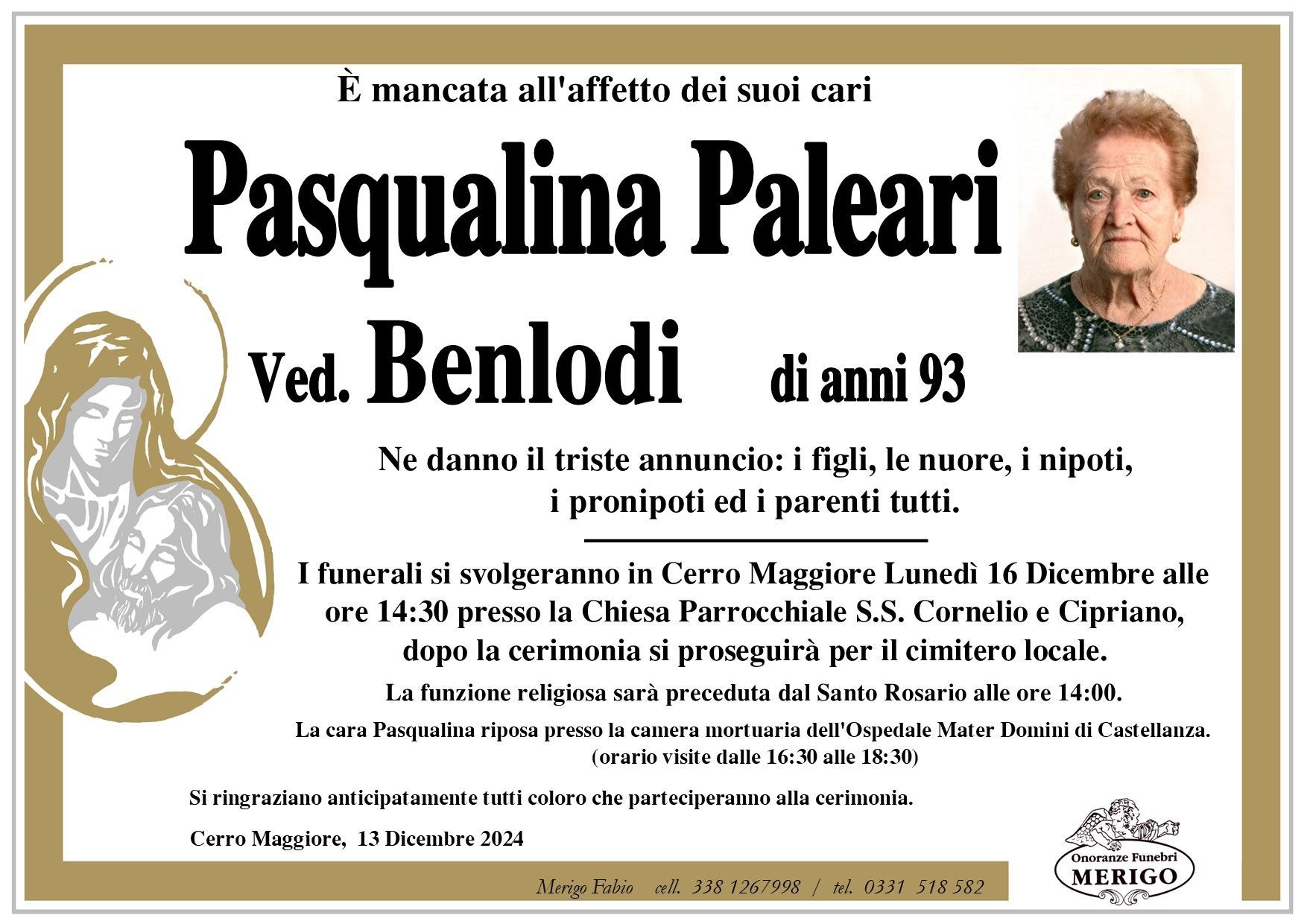 necrologio Pasqualina Paleari ved. Benlodi