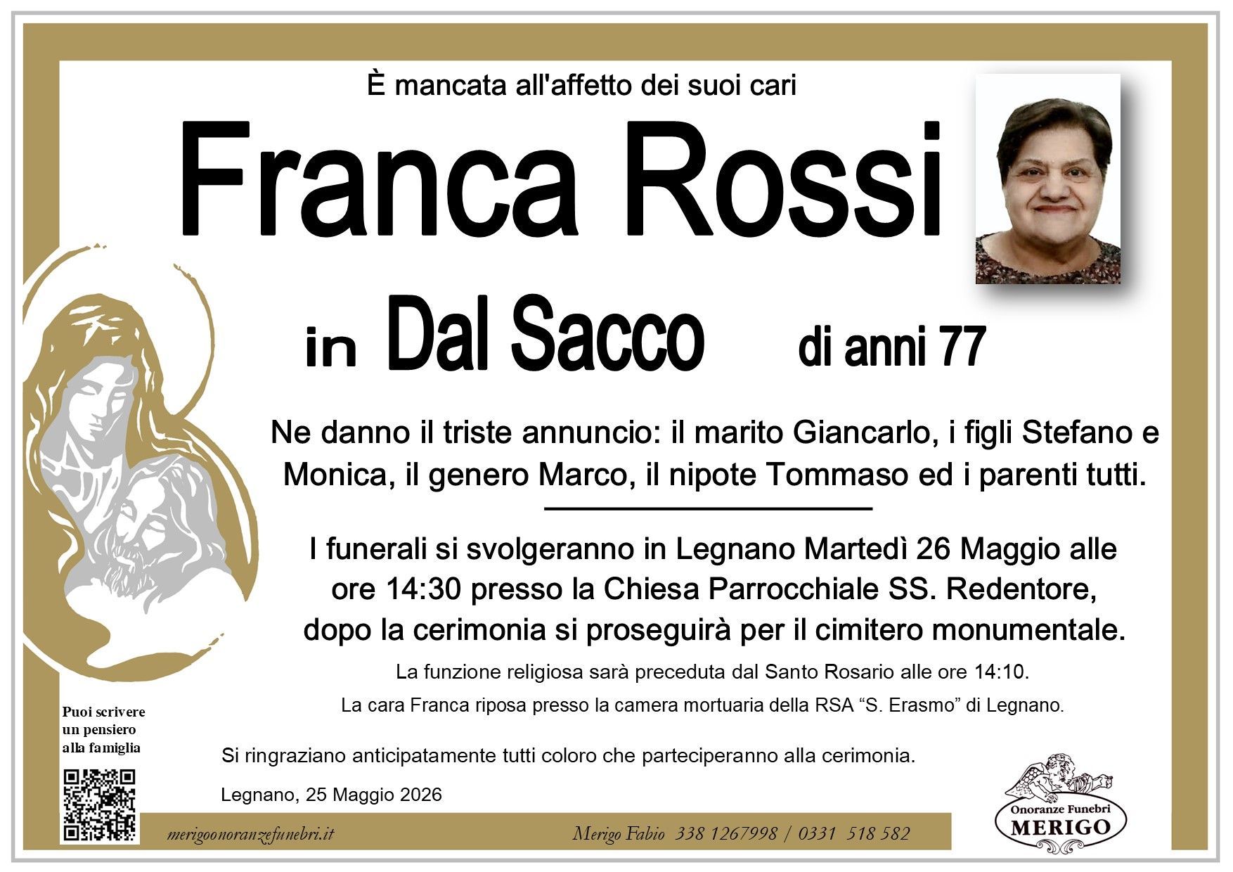 necrologio Franca Rossi in Dal Sacco