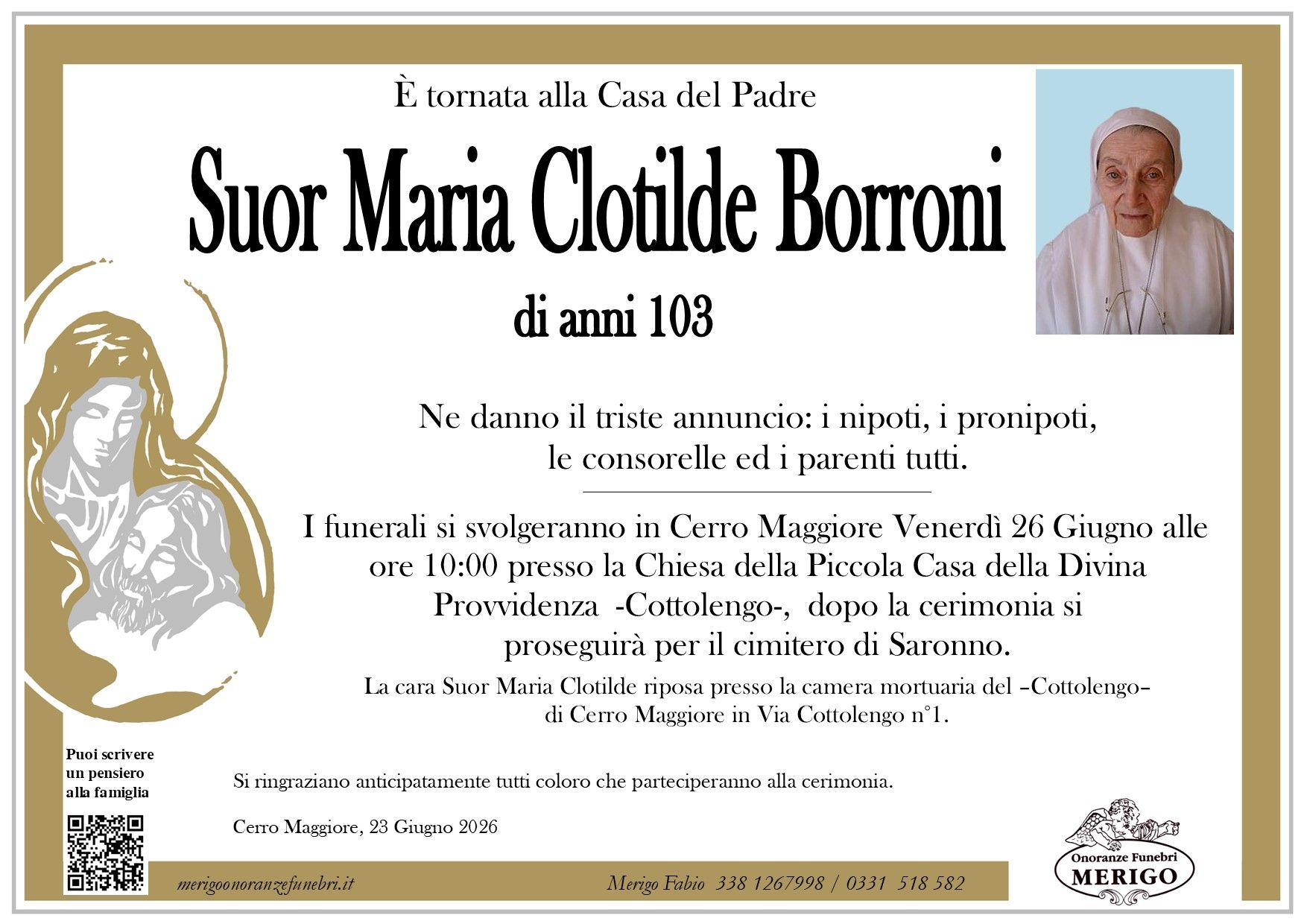 necrologio Suor Maria Clotilde Borroni