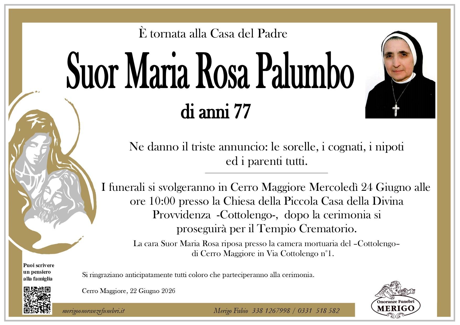 necrologio Suor Maria Rosa Palumbo