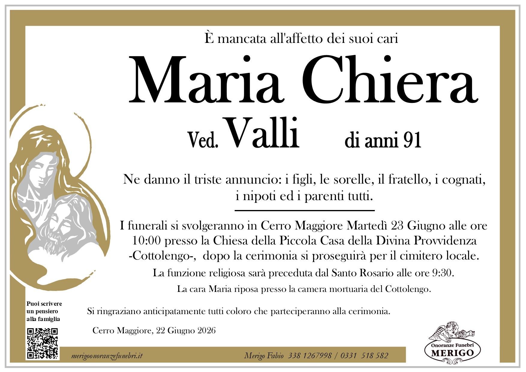 necrologio Maria Chiera ved. Valli