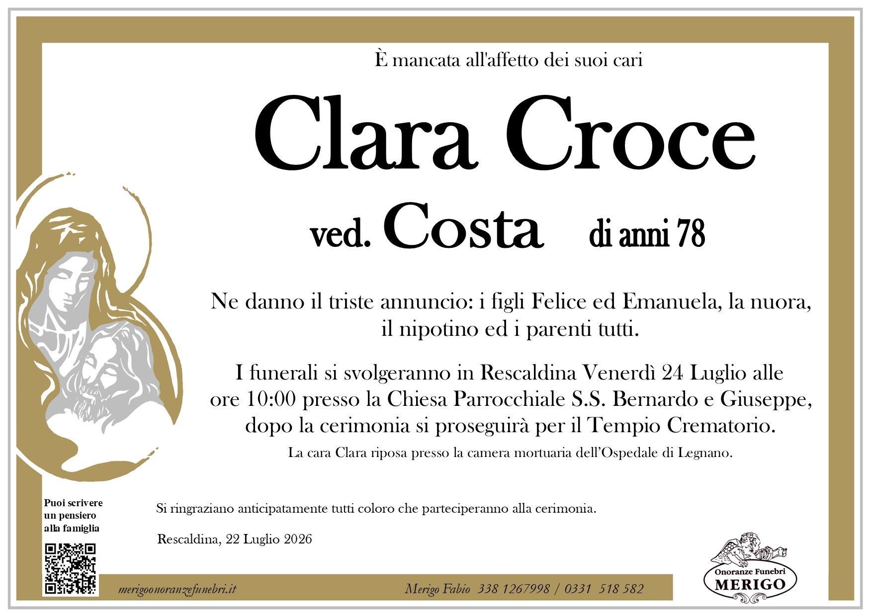 necrologio Clara Croce ved. Costa