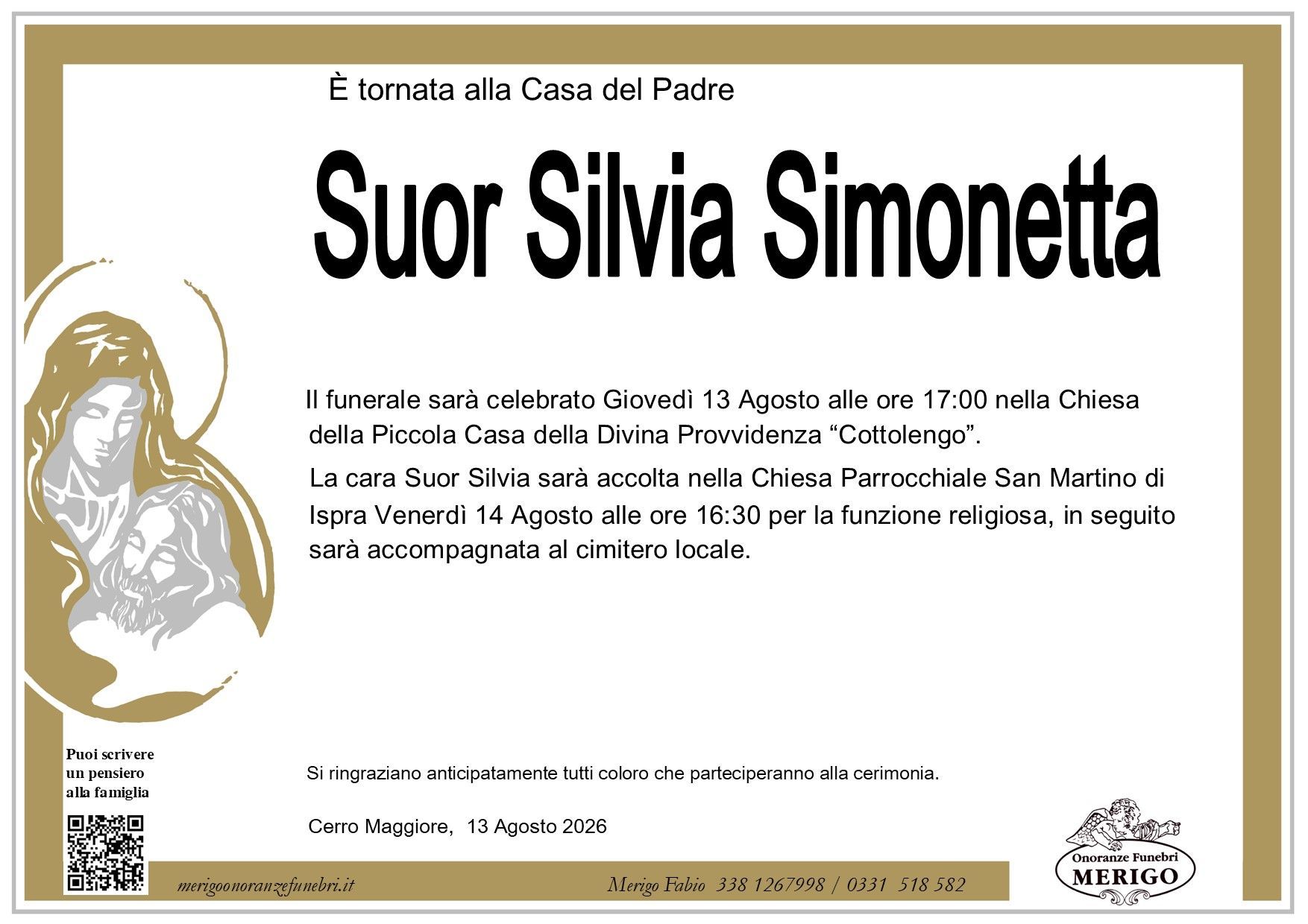 necrologio Suor Silvia Simonetta