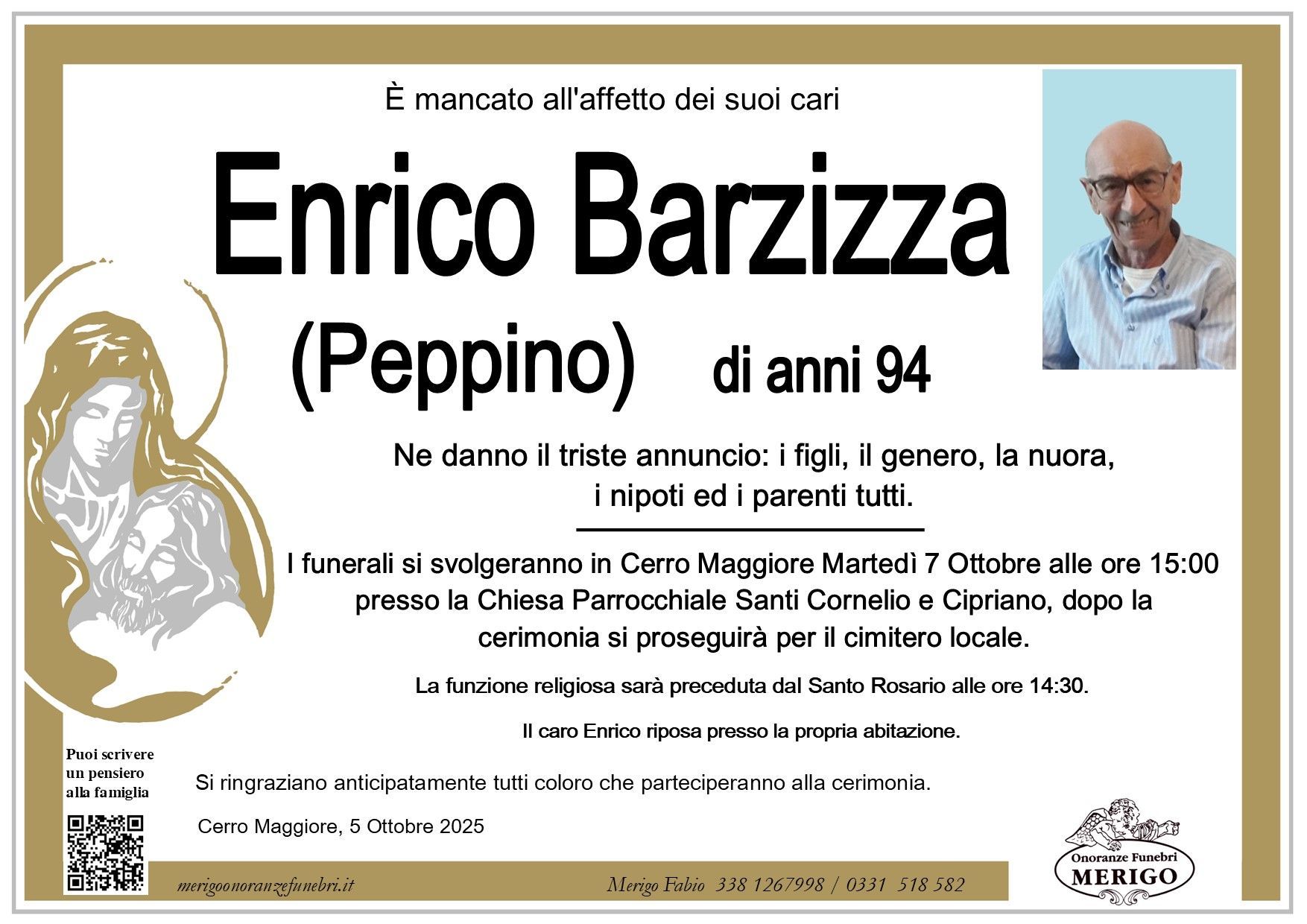 necrologio Enrico Barzizza (Peppino)
