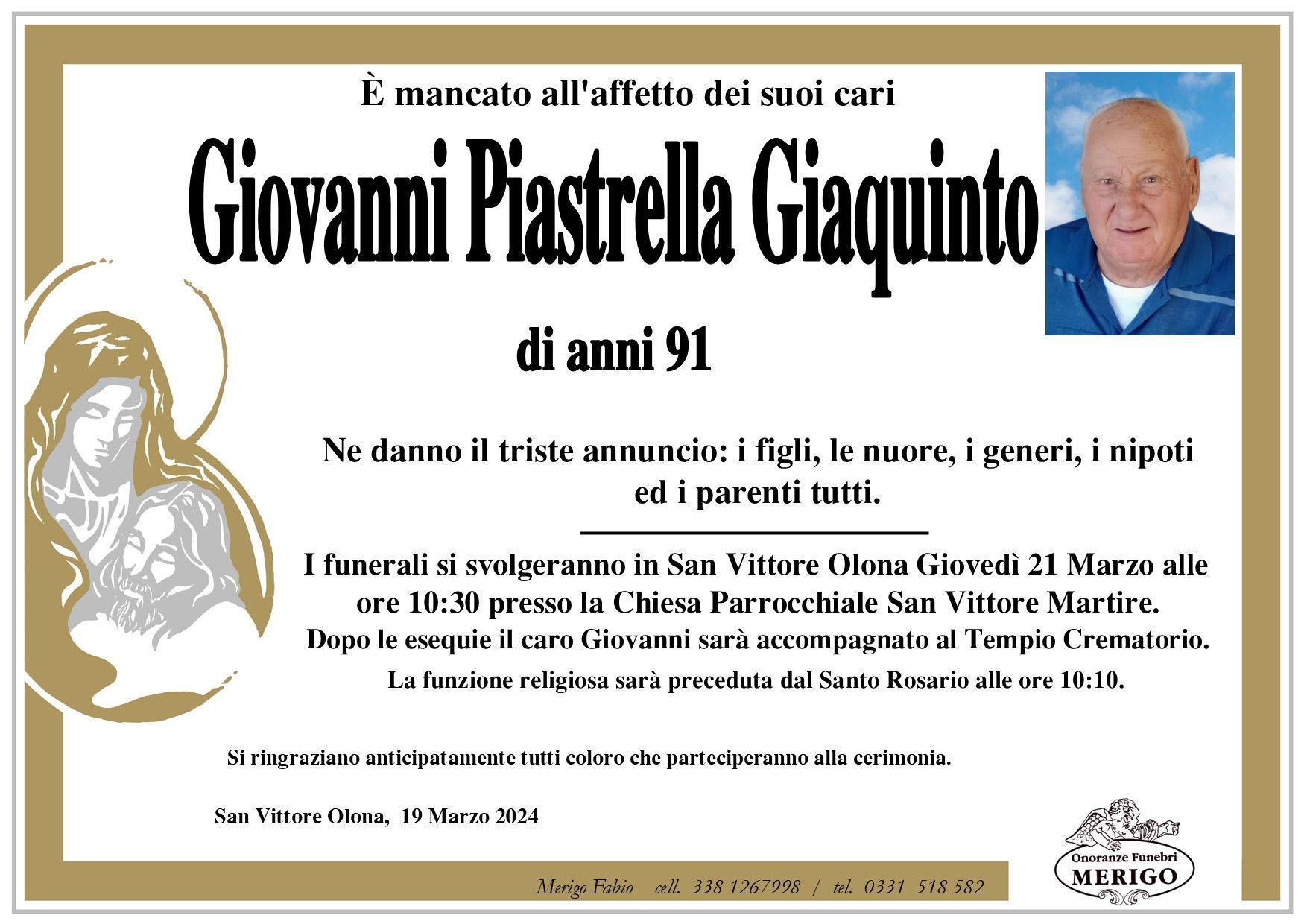 necrologio Giovanni Piastrella Giaquinto