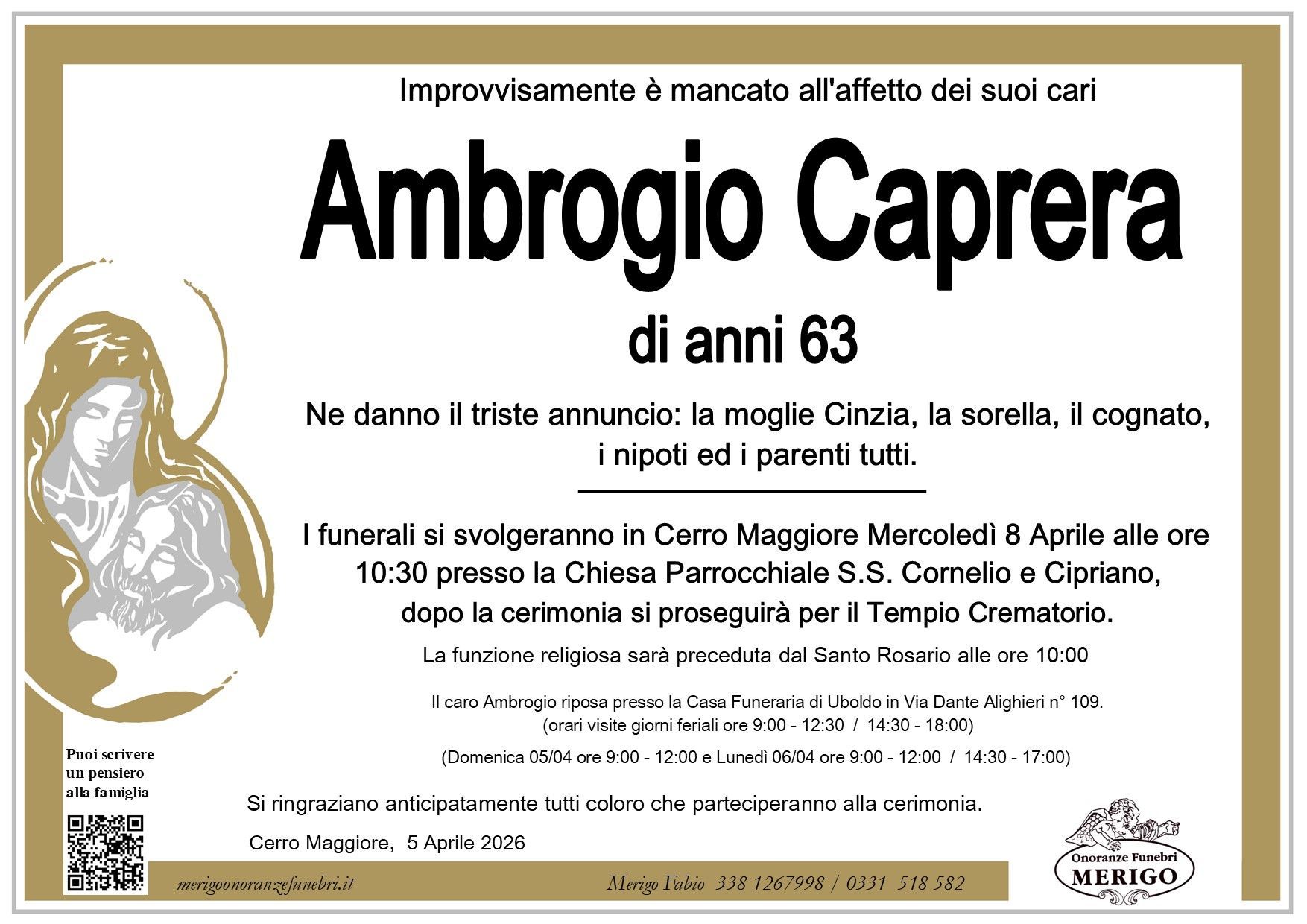 necrologio Ambrogio Caprera