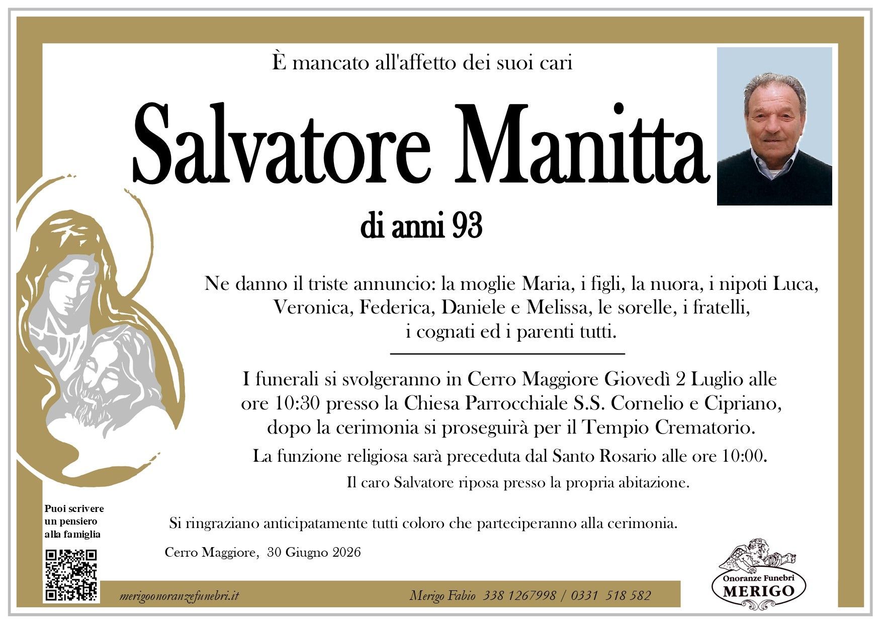 necrologio Salvatore Manitta