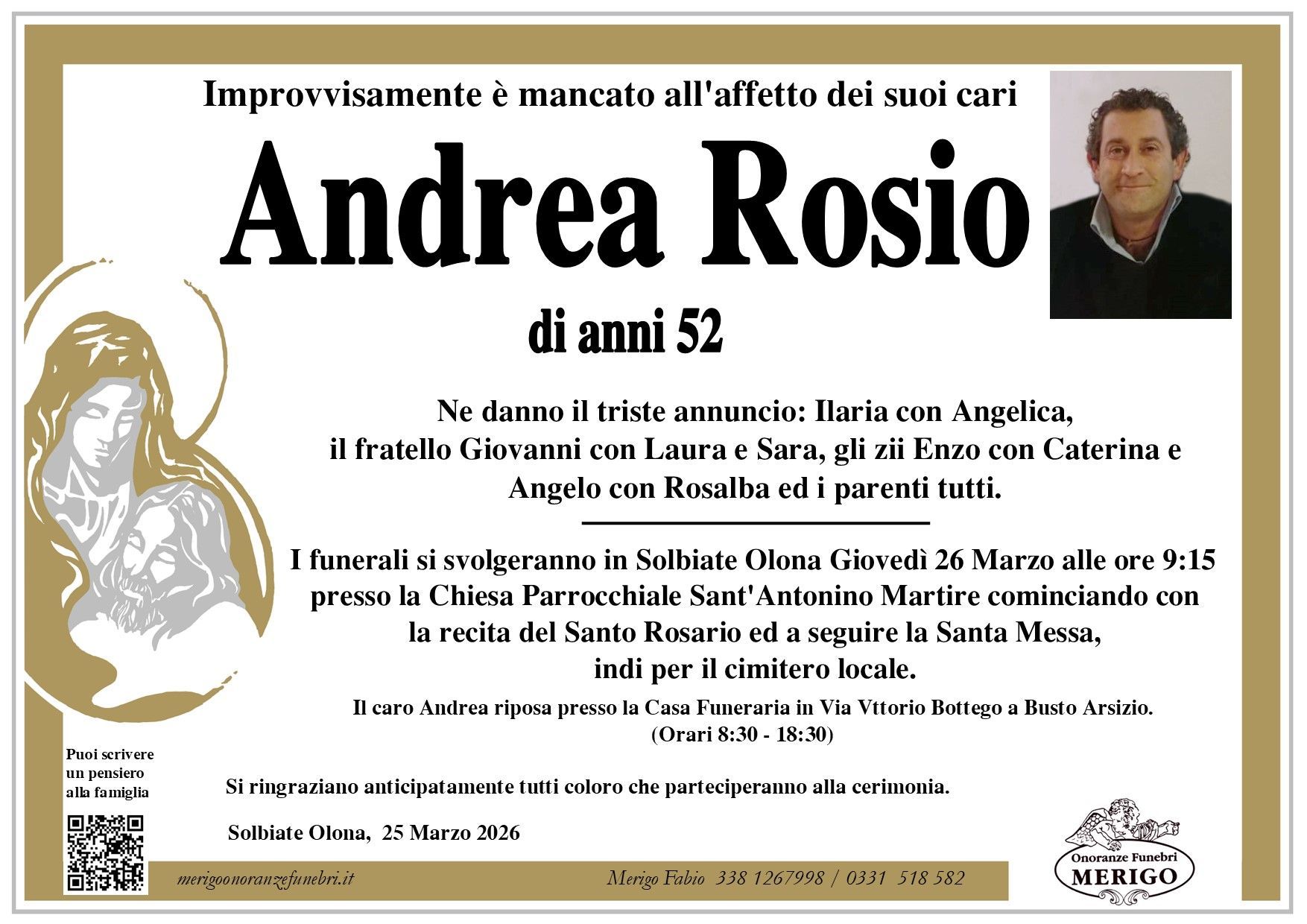 necrologio Andrea Rosio