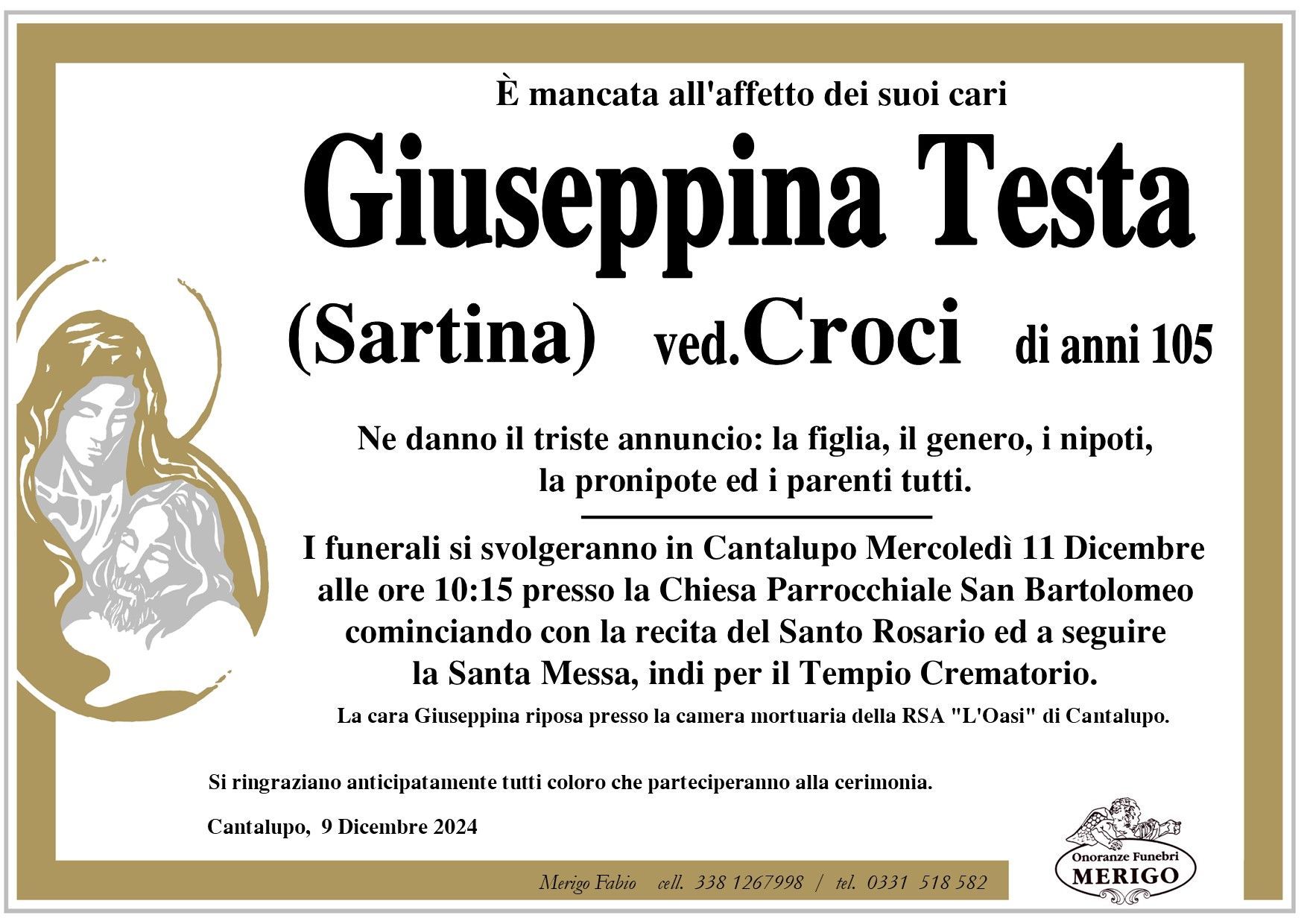 necrologio Giuseppina Testa ved. Croci