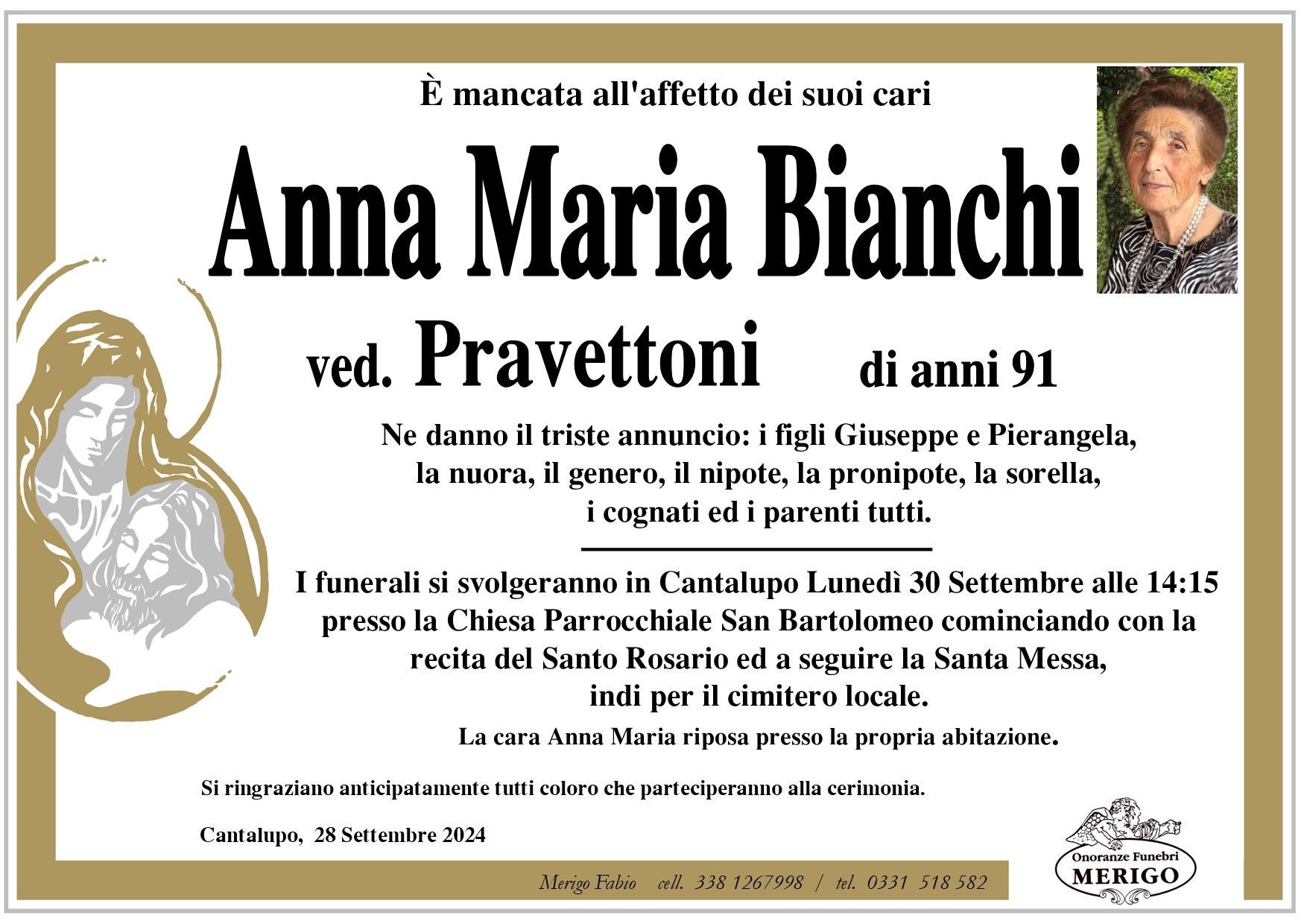 necrologio Anna Maria Bianchi ved. Pravettoni