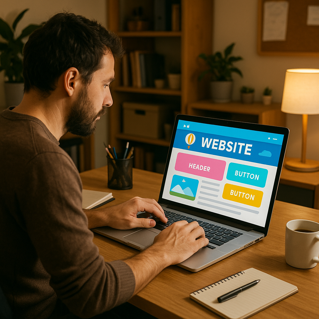 Man working on laptop, viewing a website with buttons, in a home office setting.