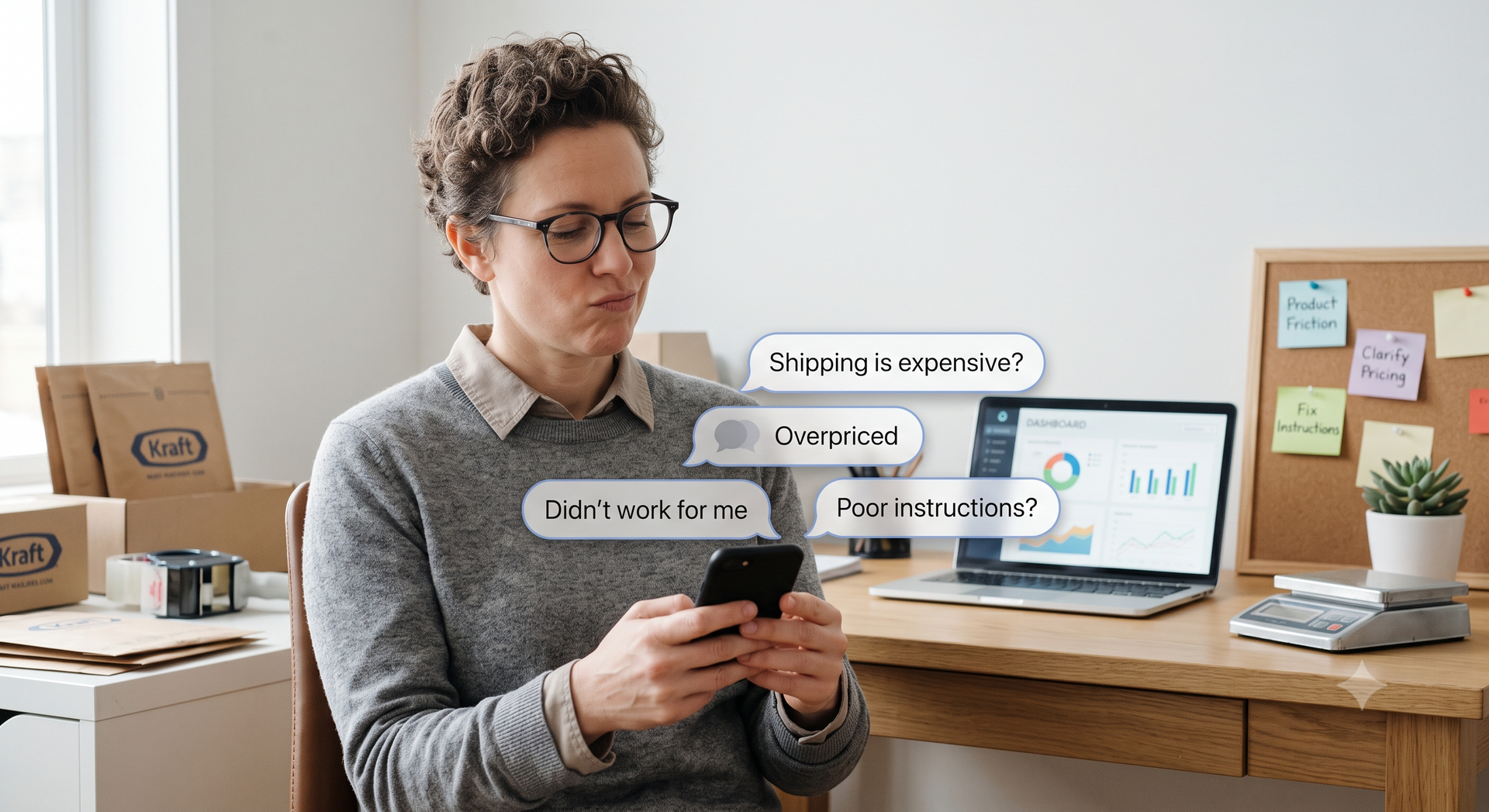 Person standing at a desk, looking at a smartphone with floating chat prompts in a bright office.