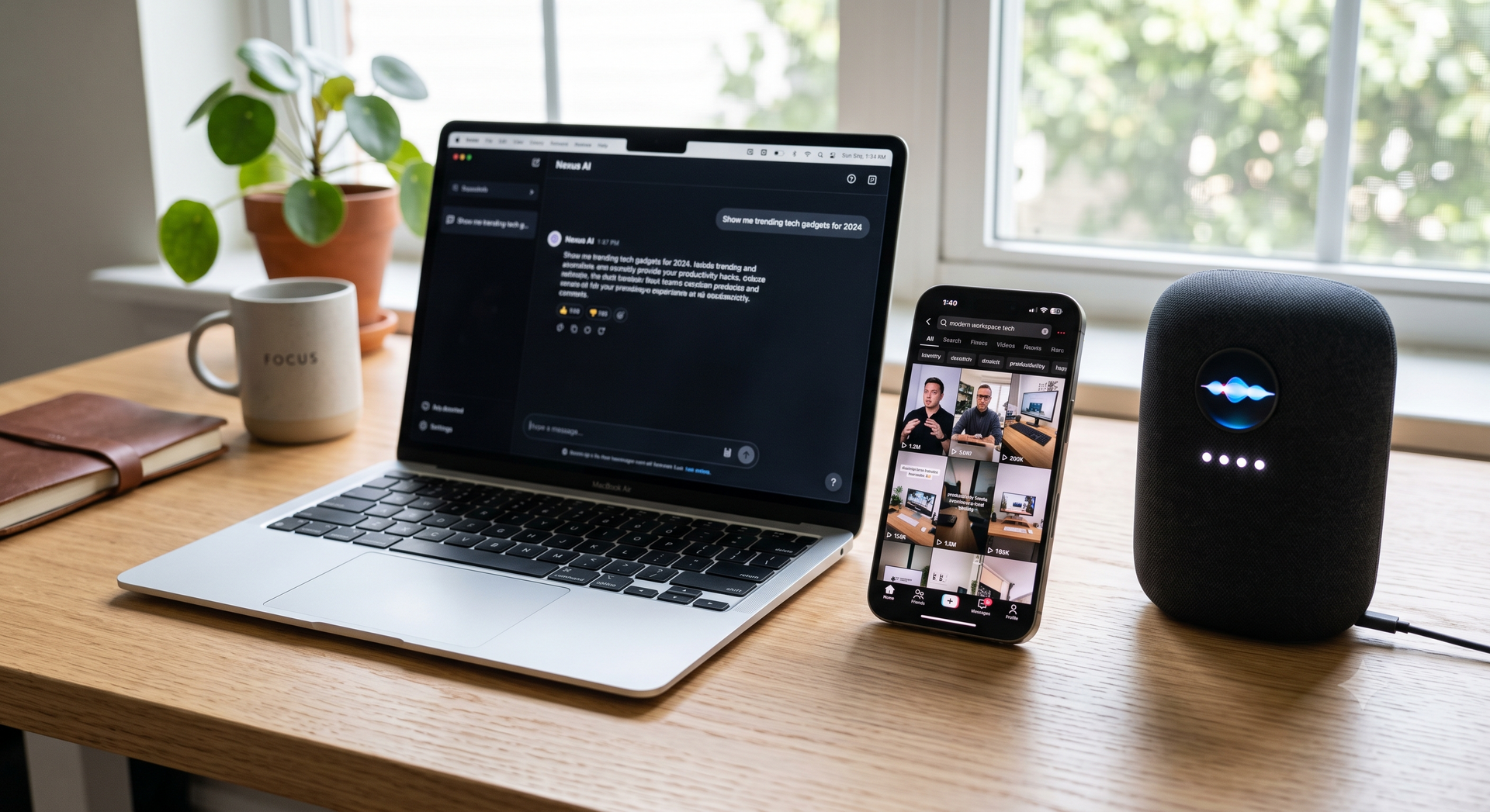 Laptop, smartphone, and smart speaker on a wooden desk by a bright window with a plant.