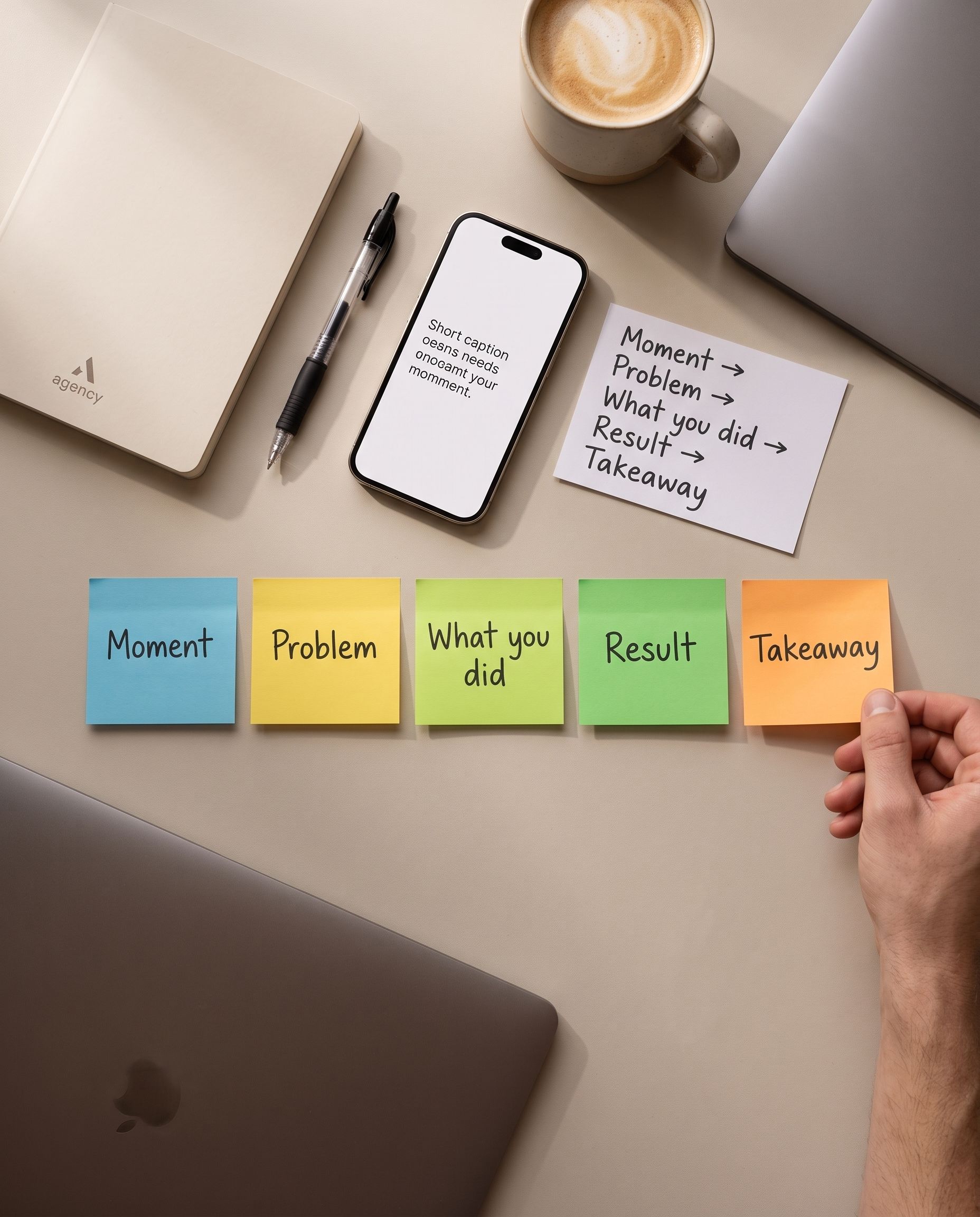 Desk with laptop, coffee, phone, note, and colorful sticky notes labeled from “secret” to “summary.”