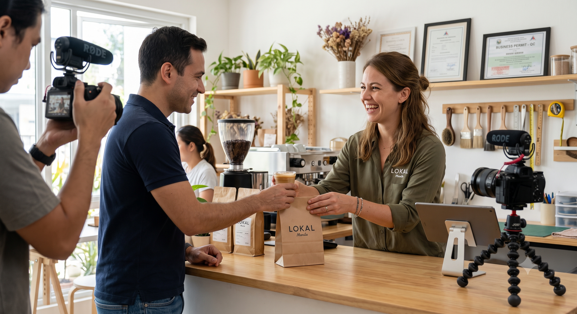 Customer receives a coffee bag from a barista at a cafe counter while a cameraman films them.