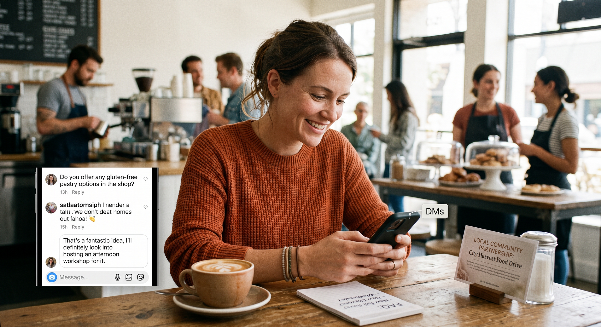 Woman in orange sweater smiling at phone in a bright café, with coffee cup and open notebook on the table