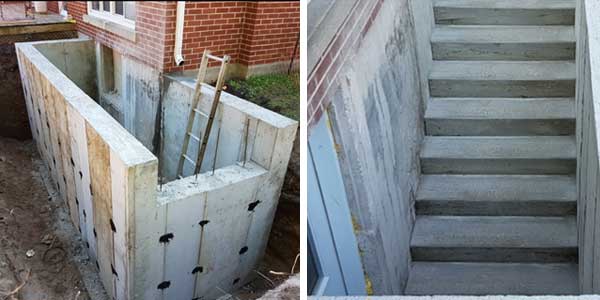 A picture of a basement with stairs and a picture of a basement with stairs.
