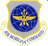 A logo for the air mobility command with a globe and arrows