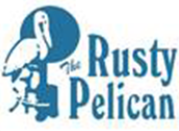 A blue and white logo for the rusty pelican