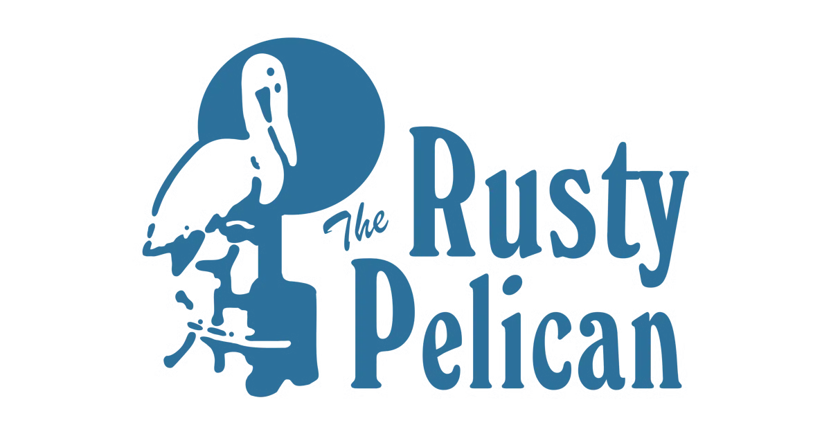 A blue and white logo for the rusty pelican