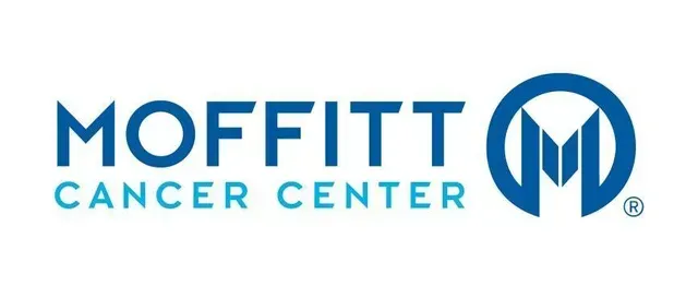 The moffitt cancer center logo is blue and white on a white background.