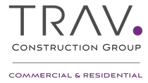 Logo for Trav Construction Group with the name in dark gray, a purple dot, and "Commercial & Residential" below.