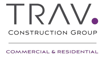 Logo for Trav Construction Group with the name in dark gray, a purple dot, and "Commercial & Residential" below.