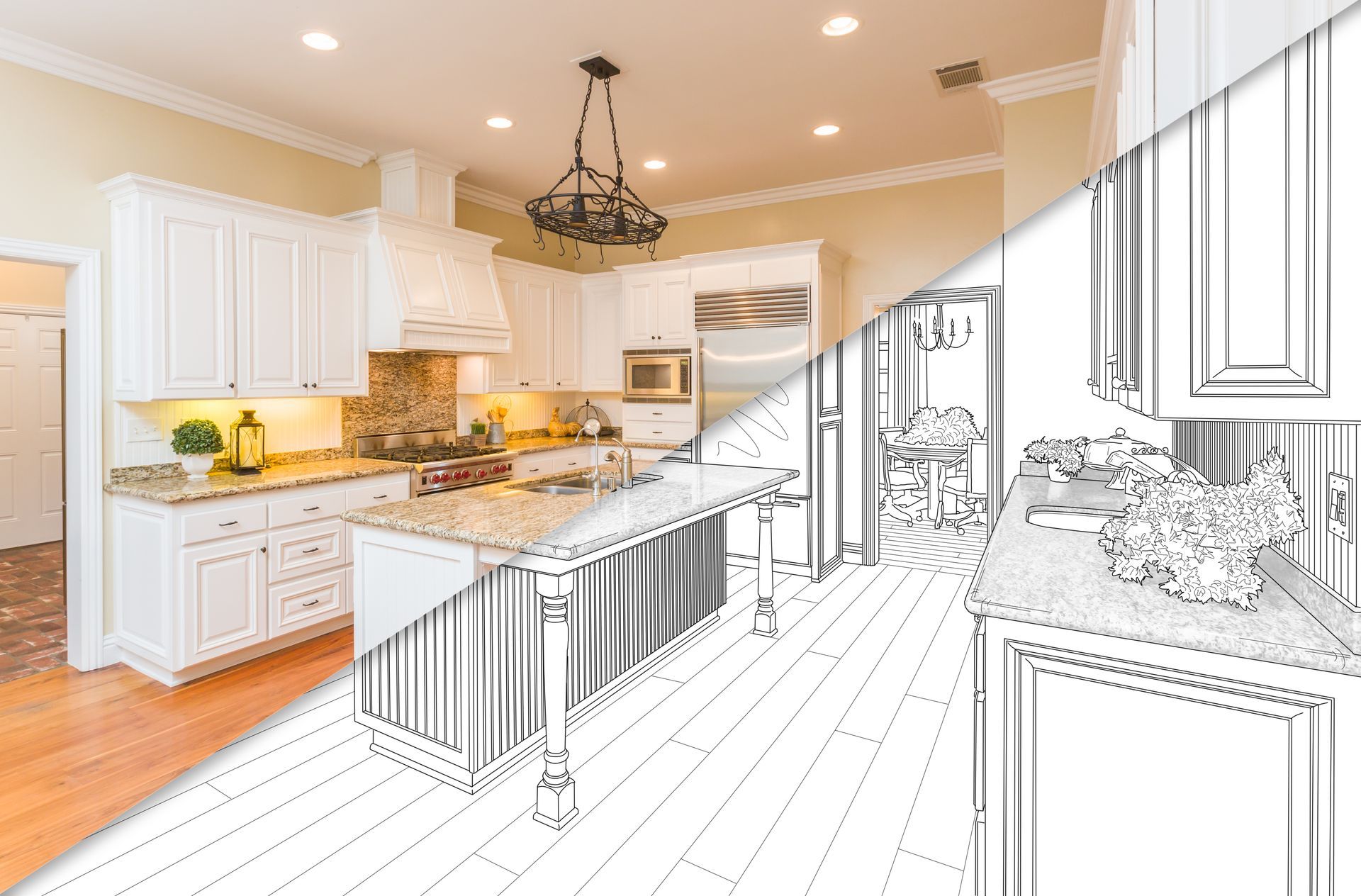 Half-finished kitchen remodel with white cabinets, island, and light fixtures; full color and sketched overlay.