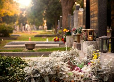 Flower-lined cemetery path with gravestones, lanterns, and colorful memorial arrangements