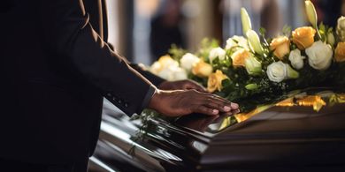 Hands resting on a coffin surrounded by white and yellow flowers during a funeral