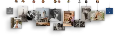 A horizontal wall collage of hanging framed photos and postcards, mostly black-and-white with a few color images.