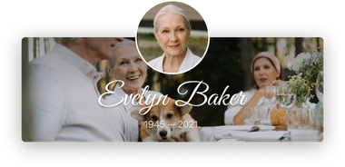Memorial tribute banner with portrait and wedding photo collage for Evelyn Baker, 1948–2024