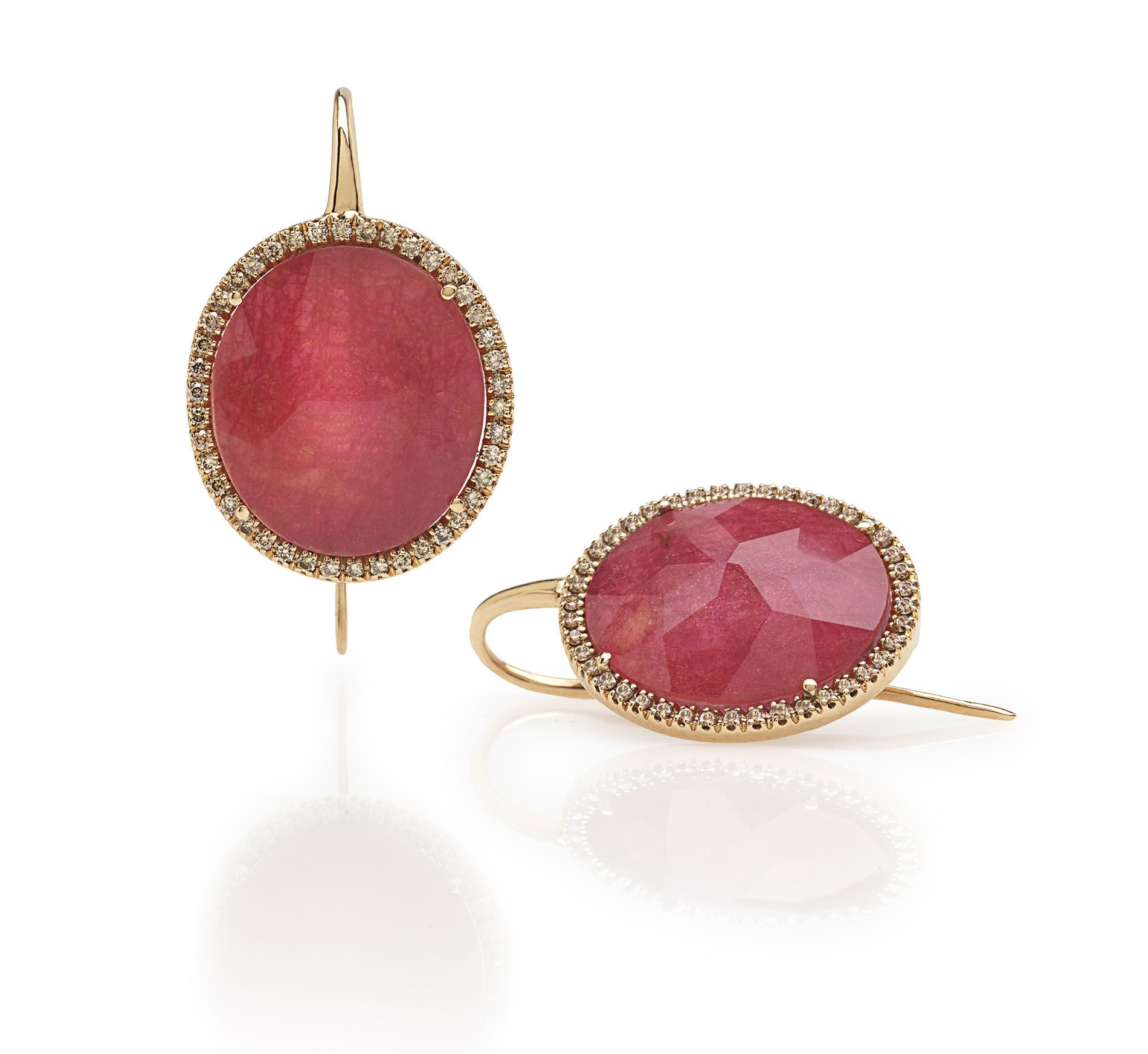 Orecchini in oro rosa radice di rubino madreperla cristallo e diamanti Brown