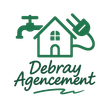 Logo vert avec une maison, un robinet et une prise au-dessus du texte « Debray Agencement »