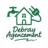 Logo vert avec une maison, un robinet et une prise au-dessus du texte « Debray Agencement »