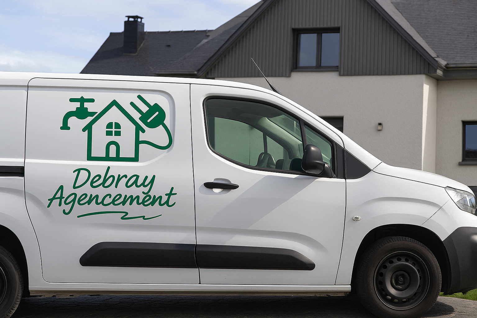 Une camionnette blanche de l'agence Debrah est garée devant une maison.