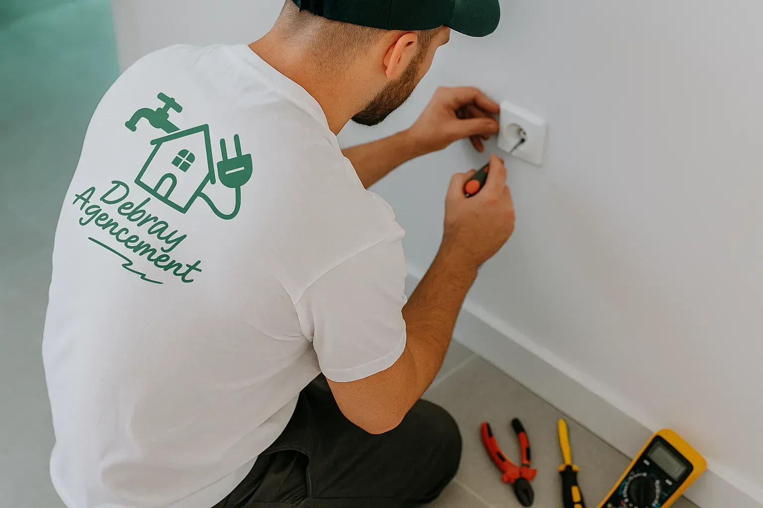 Un technicien installe une prise électrique sur un mur blanc, ses outils sont éparpillés au sol.