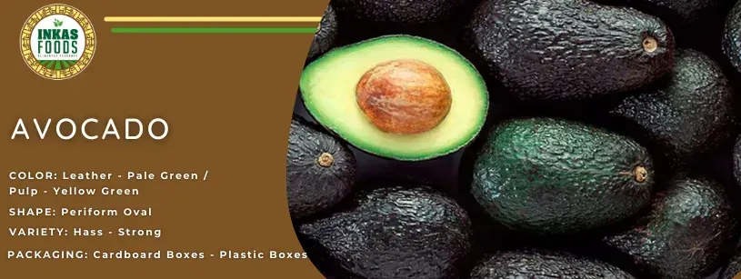 Etiqueta de aguacate con un aguacate en rodajas y varios aguacates enteros sobre un fondo marrón.