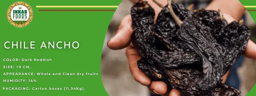 Manos sosteniendo chiles anchos secos sobre un fondo de etiqueta de producto verde.