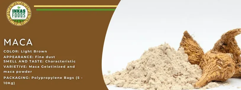 Polvo y raíz de maca en una etiqueta promocional marrón y blanca con el texto del producto.