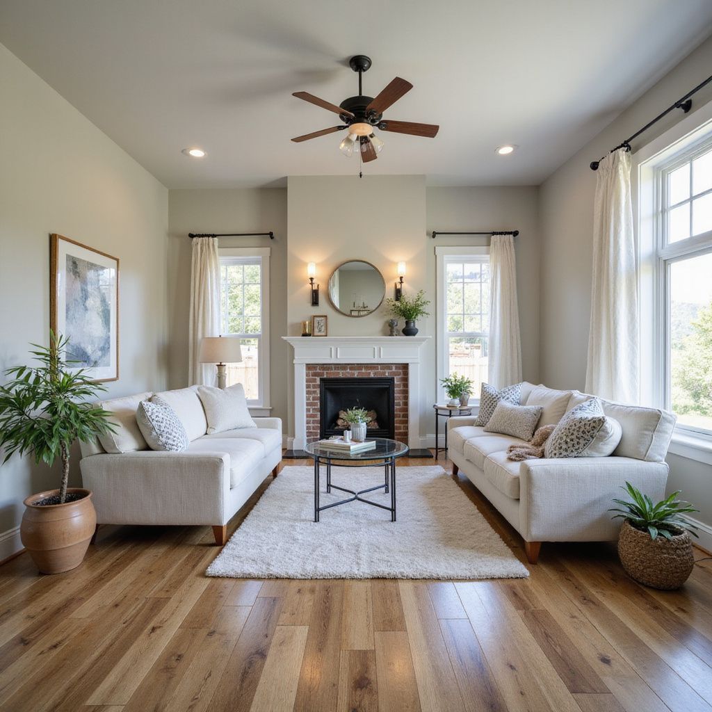 A cozy living room with two white sofas, a round coffee table, a fireplace with a mirror above it, and a ceiling fan.