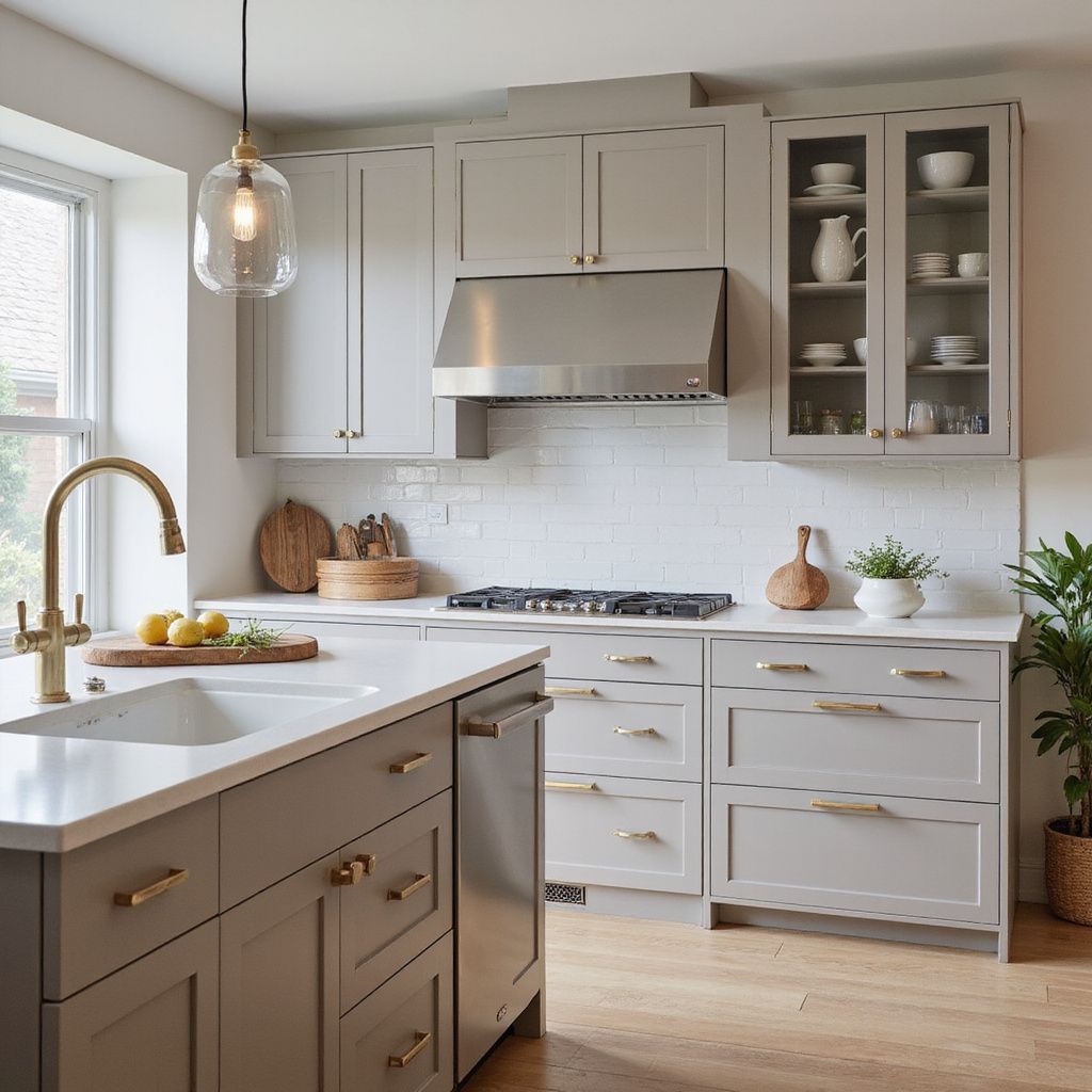 A modern kitchen with greige cabinets, gold hardware, white countertops, subway tile, a stainless range hood, and a gold faucet island.