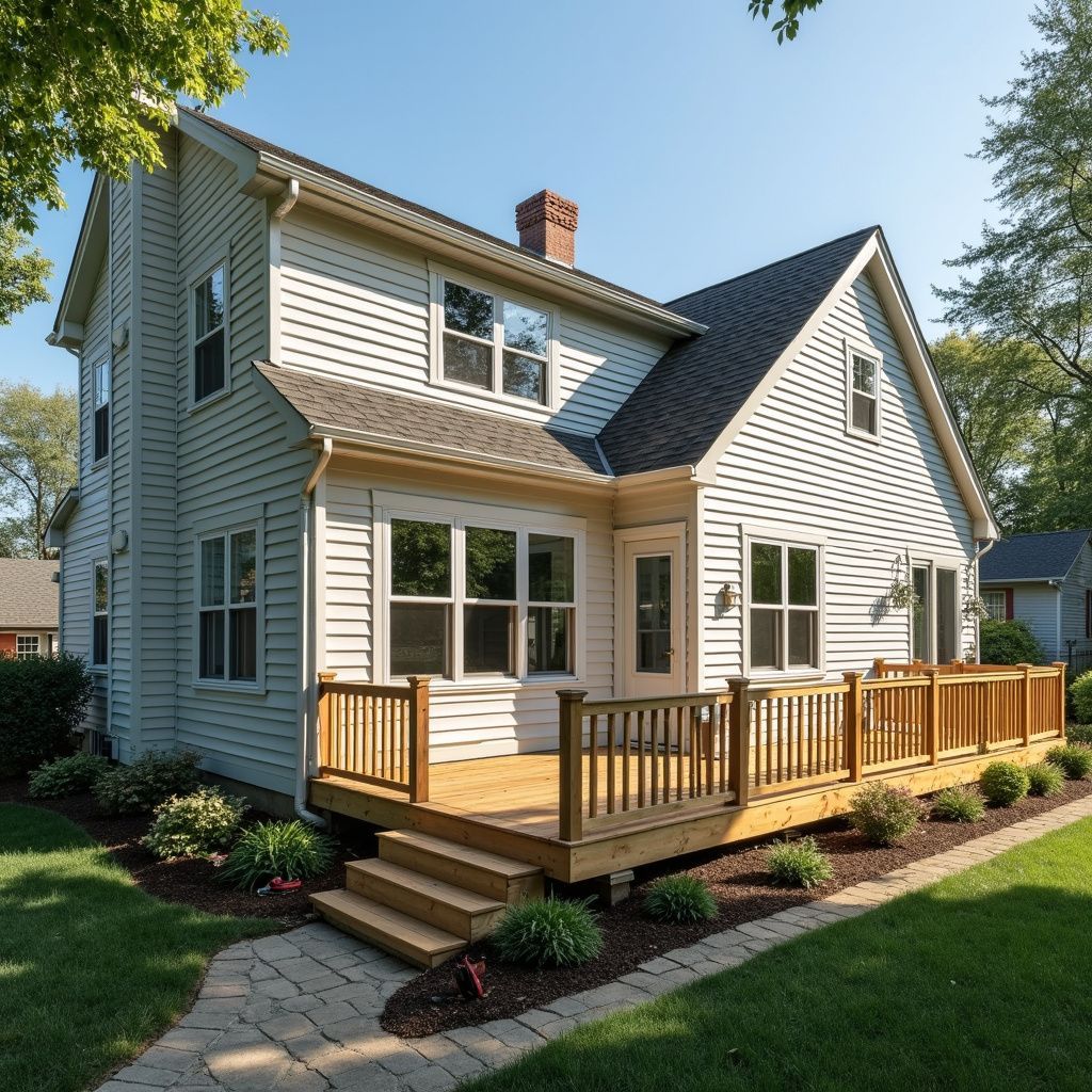 A two-story light-sided house with a wooden deck, stone walkway, green lawn, and shrubs under a clear blue sky.