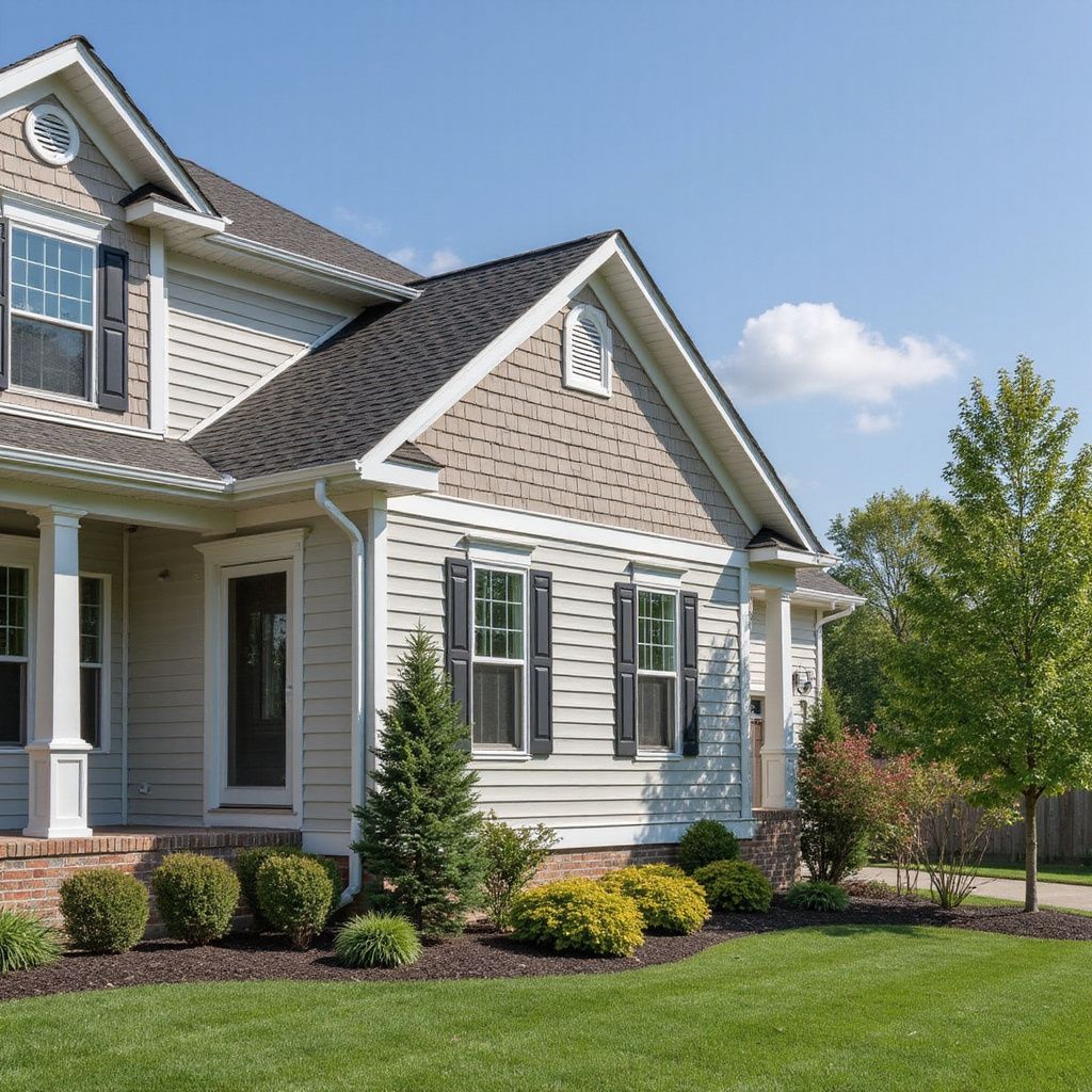 A close-up of the front of a two-story house with light siding, dark shutters, a porch, and a landscaped yard.