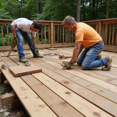 Two men build a wooden deck in a wooded area, using tools and installing new boards near a wooden railing.