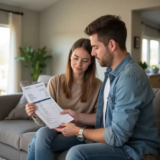 A man and a woman are sitting together on a couch, looking at a document or bill that the man is holding.